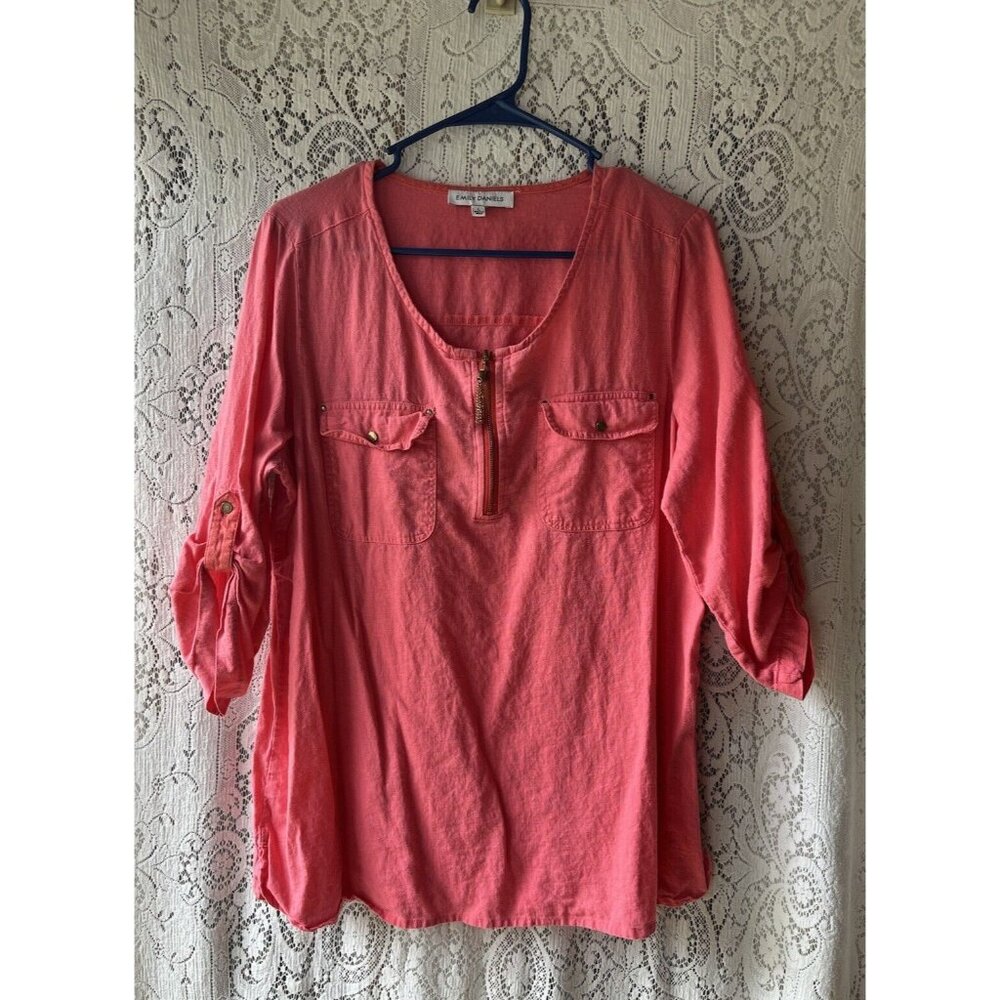 Emily Daniels Womens Large Pink 3/4 Roll Up Sleeves 1/4 Zip Linen Top Shirt‎
